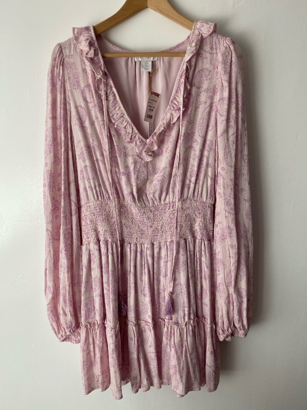 House of Harlow 1960 Pink Paisley Ruffled V-Neck Mini Smocked Dress Sz L Women’s